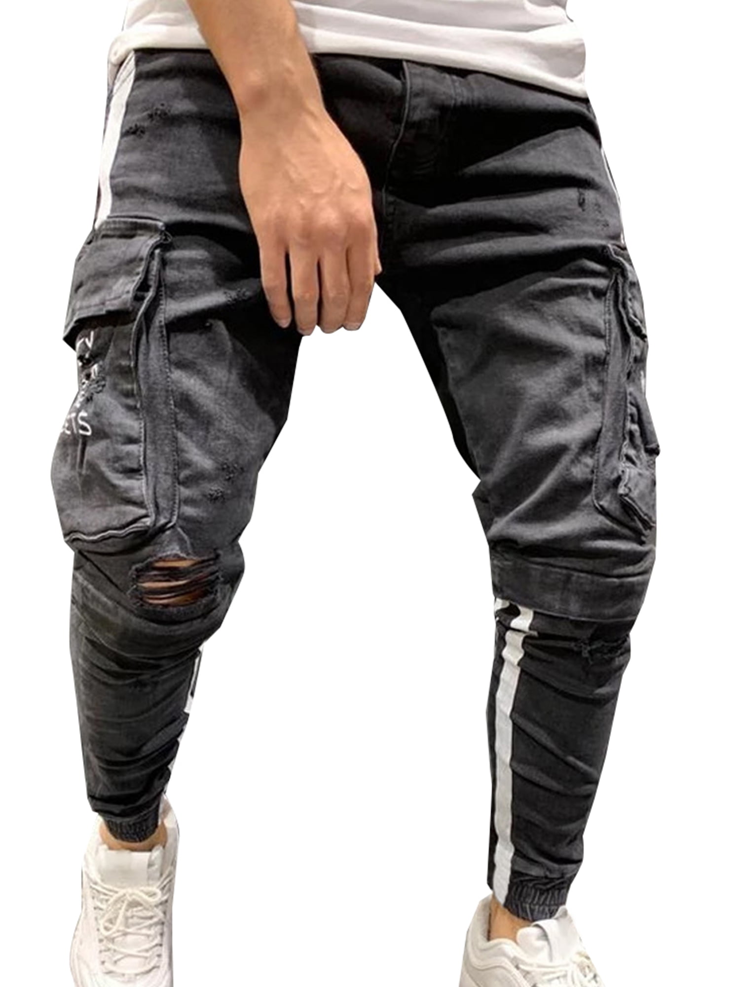 Palarn Sports Pants Casual Cargo Shorts Mens Stretchy Ripped Skinny Biker Jeans Destroyed Taped Slim Fit Denim Pants 