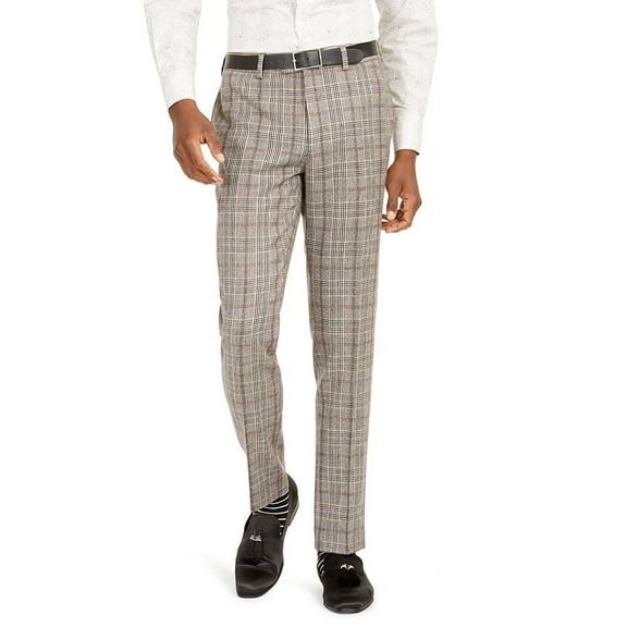 Tallia Men's Slim Fit Plaid Flannel Suit Pants Brown Size 34X32