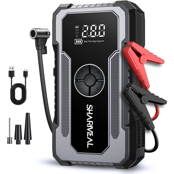 SHARMEAL18000A Jump Starter Power Pack with 150PSI Air Compressor, 12V Portable Car Battery Booster, Car Starter Power Bank with Jump leads, LCD Screen, Emergency Light