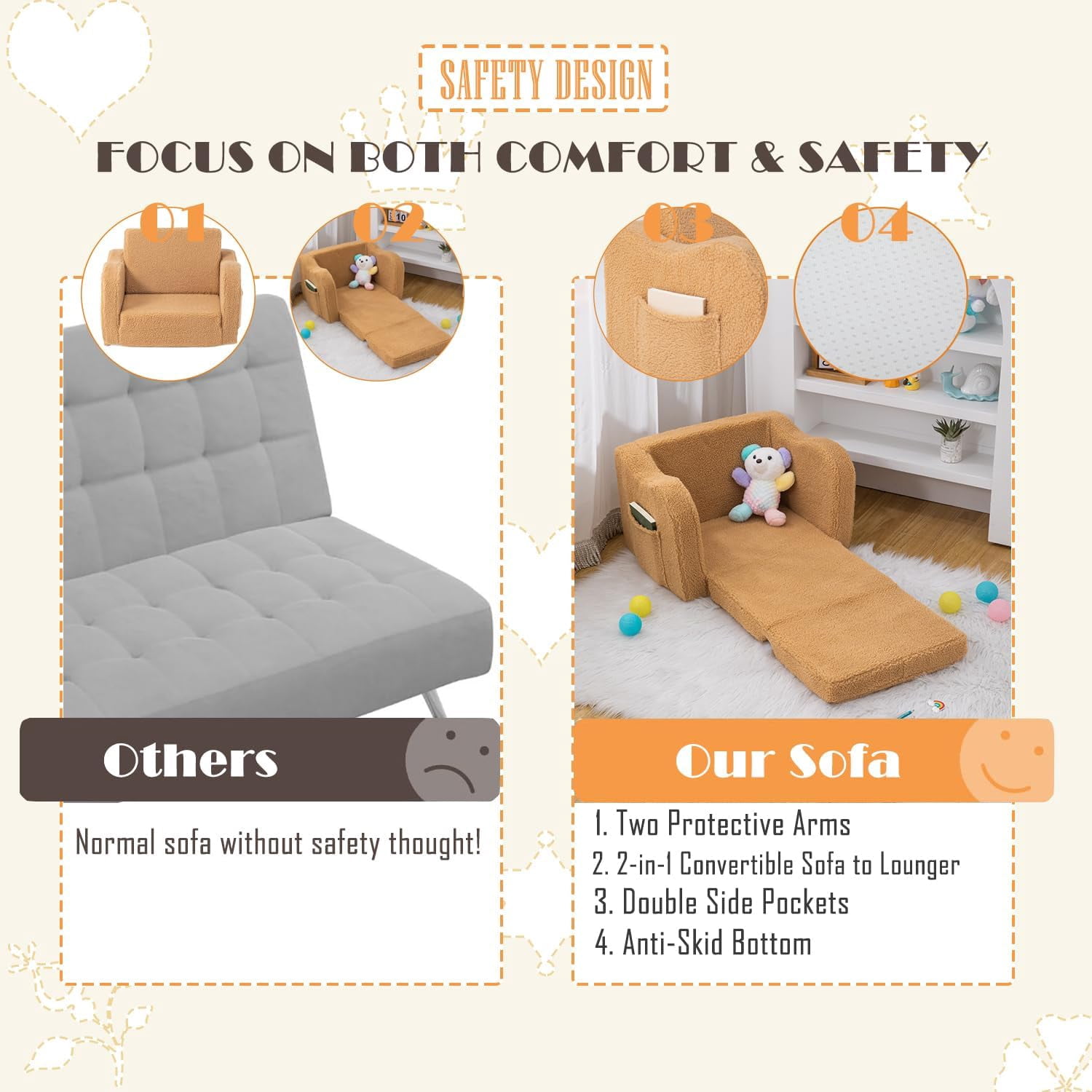 Toddler Baby Chair Couch Sofa Kids Foldable 2-in-1 Sherpa Fold Out Couch Bed Toddler Chairs Comfy for Boys & Girls Convertible Kids Furniture Lounge Chair for Playroom with Double Pockets, Dark Camel