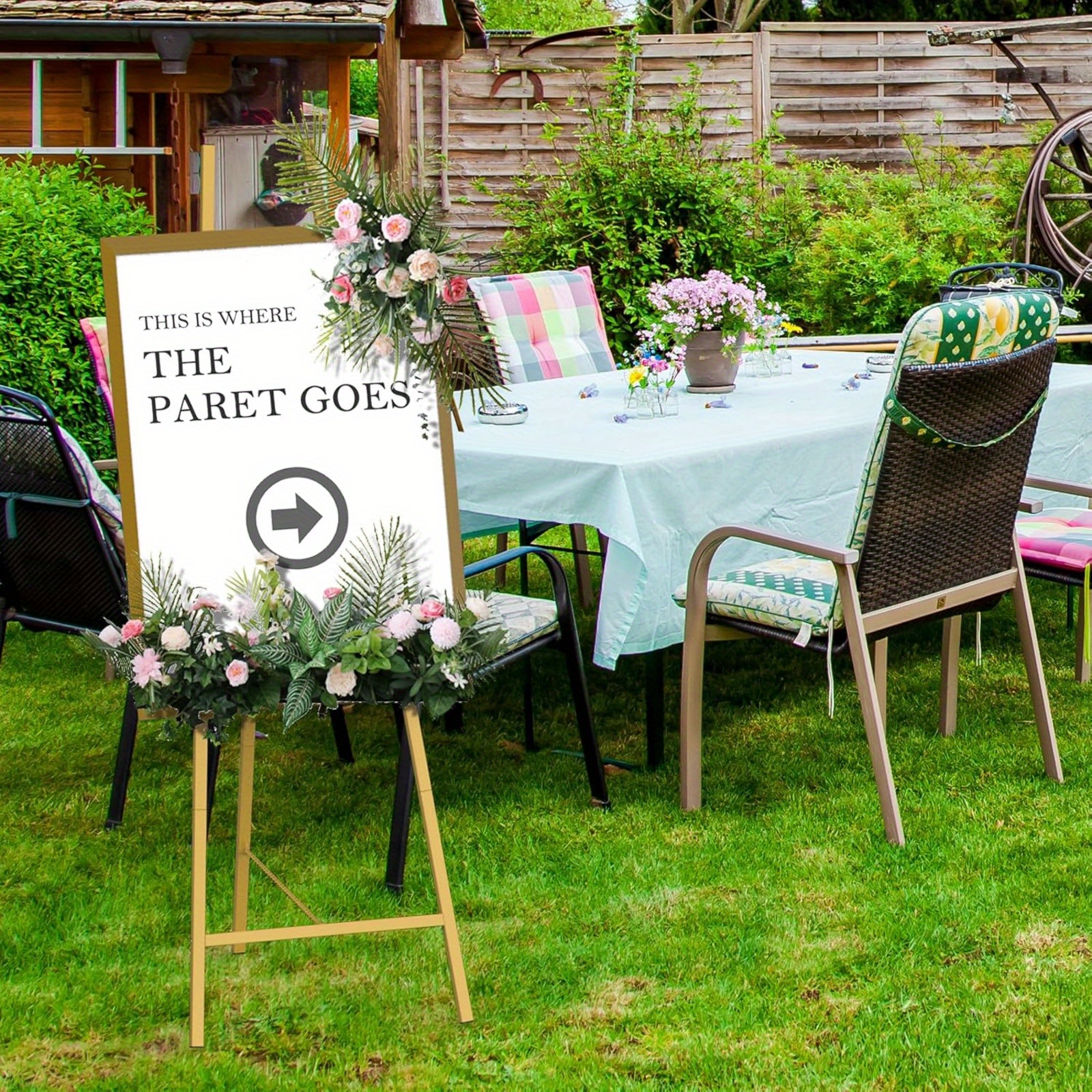 46" H Adjustable Metal Floor Standing Easel with Chain Support, Perfect for Showcasing Pictures, Artwork, Wedding Sign, Gold