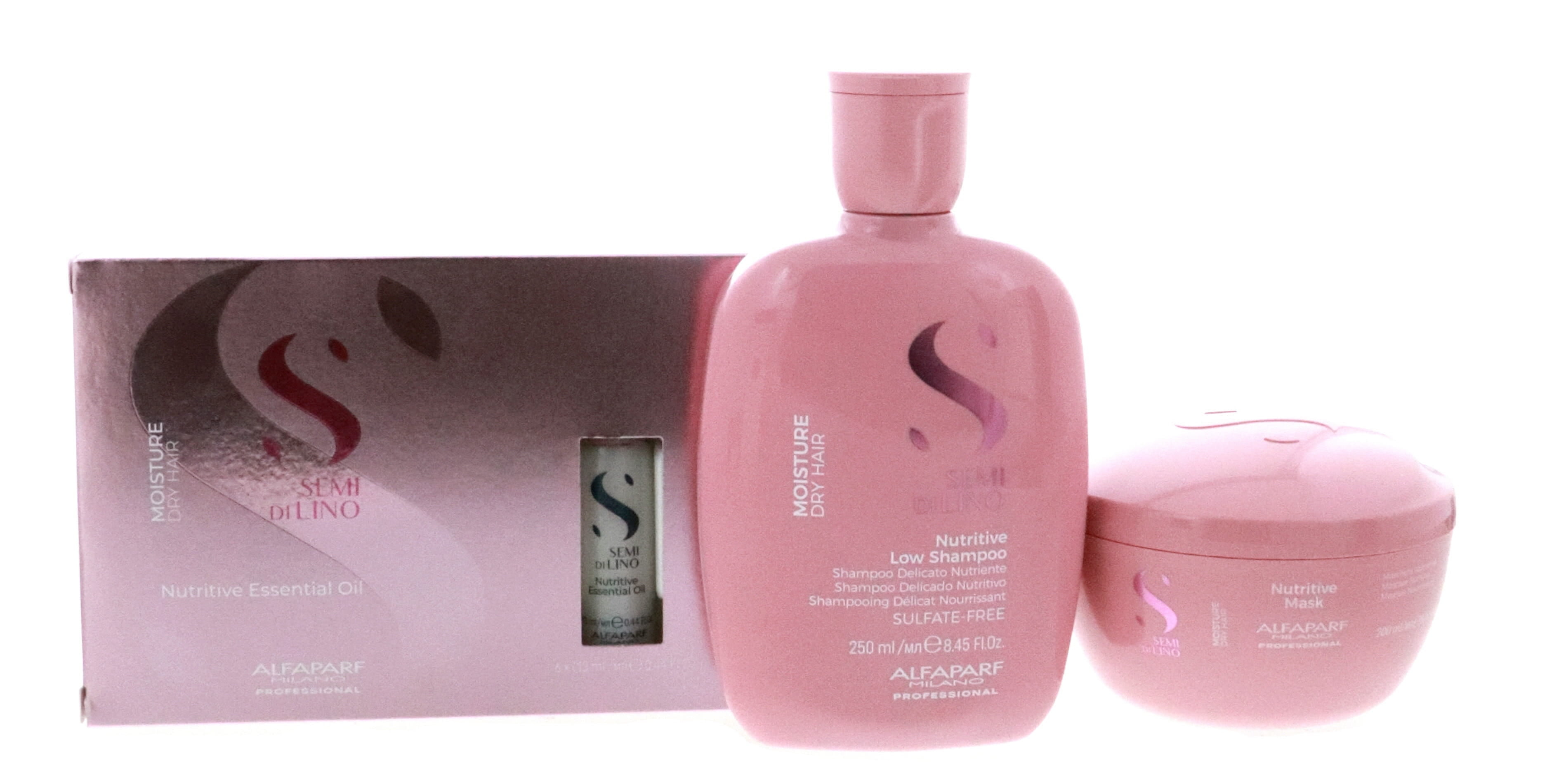 Alfaparf Semi Di Lino Moisture Nutritive Shampoo 8.45oz & Mask 6.76oz & Essential Oil 6x13ml