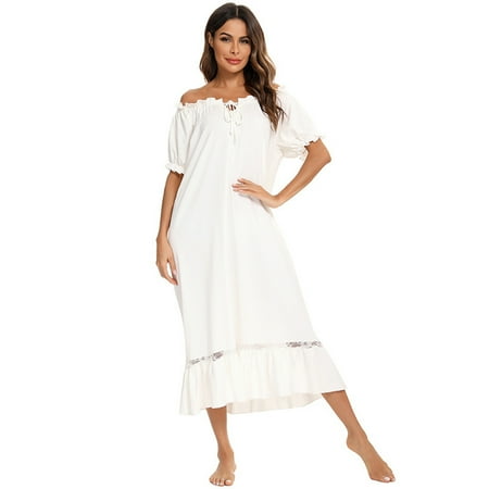 

Promotion!Ladies Retro Classic Pajamas Short-Sleeved Loose Nightdress Casual Home Wear White M