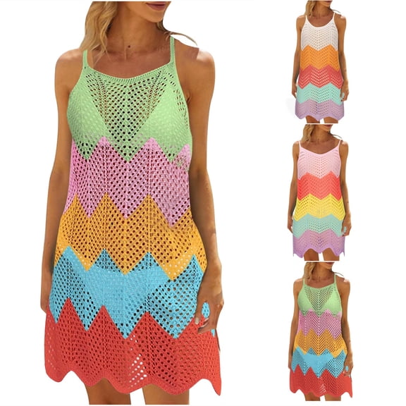 Tqyyweavej Womens Spaghetti Strap Swimsuit Cover Up Dress Crochet Color Block Beach Cover Up Sleeveless Free Size Swim Cover Up for Women