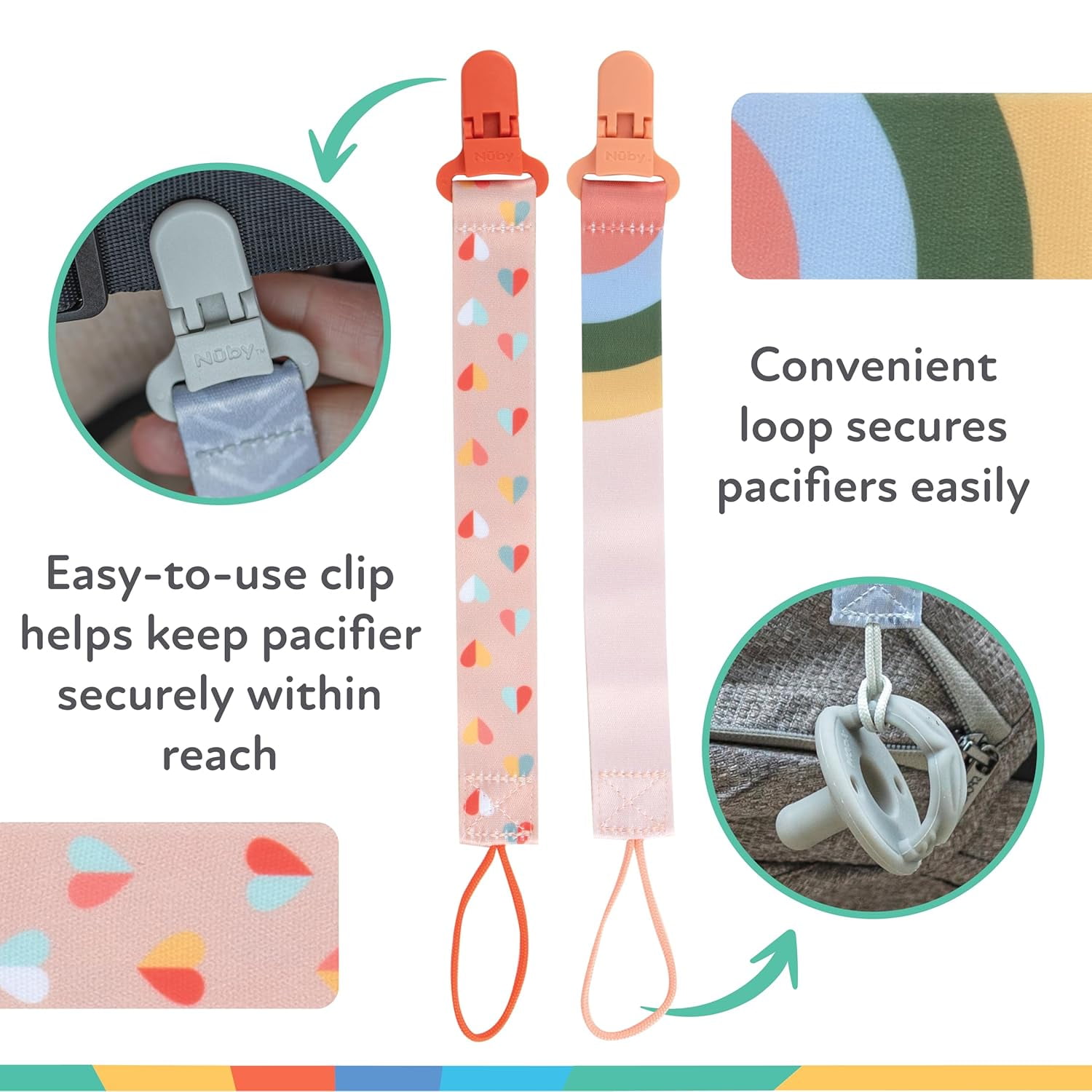 Nuby 2pk Cloth Pacifinder Clip, Peach with Stripes & Peach with Hearts