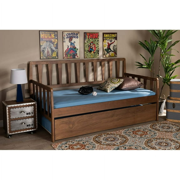 Baxton Studio Midori Modern and Contemporary Transitional Walnut Brown Finished Wood Twin Size Daybed with Roll-Out