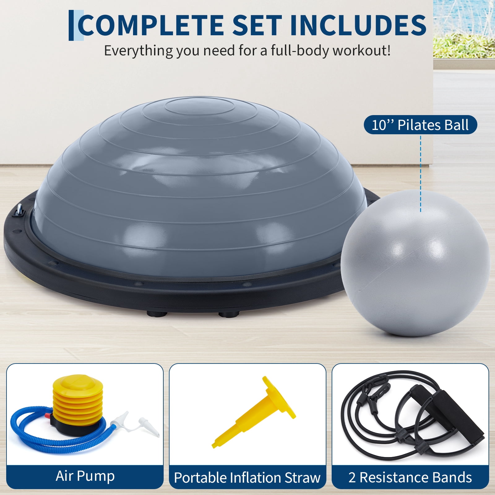Half Balance Ball Trainer 23in - 1600lbs Anti-Slip Stability Yoga Ball with Resistance Bands, Air Pump & Pilates Ball - Inflatable Core Strength Exercise Equipment for Home Gym & Fitness