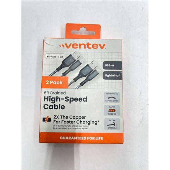Ventev BC6-2PCK-AL253 Braided Cable for USB A to Lightning, Gray - Pack of 2