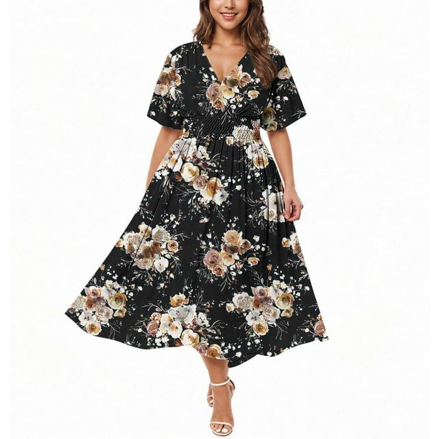 Ndbuld Robes d'Été à Fleurs pour Femmes Grande Taille Décontractées Couleur Unie Col en V à Enfiler Manches Courtes Jupe Courte Robe Liquidation à Moins de 5 $