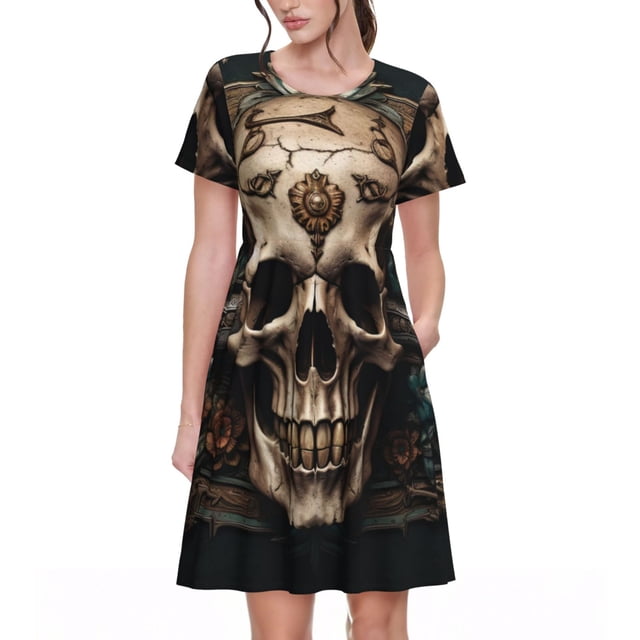 Balery Metal Style Horned Skull Vestidos sueltos de manga corta para mujer, vestidos de verano 2025, vestidos casuales de corte A con vuelo.