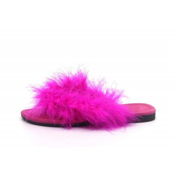 Cape Robbin Gale Fucshia Feather Furry Flat Thong Flip Flop Fashion Slide Sandal (Fucshia, 6)