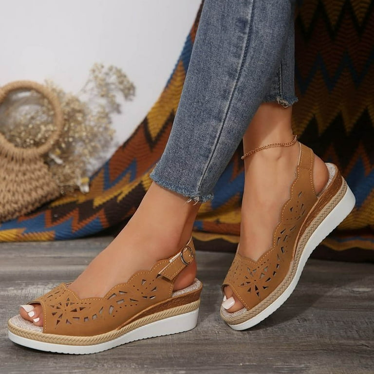 EHQJNJ Female White Wedges Shoes for Women Low Heel Women s Wedge Sandals Hollow Fashionable Wedge Sandals Spring Wedge Shoes for Women 2024 Black
