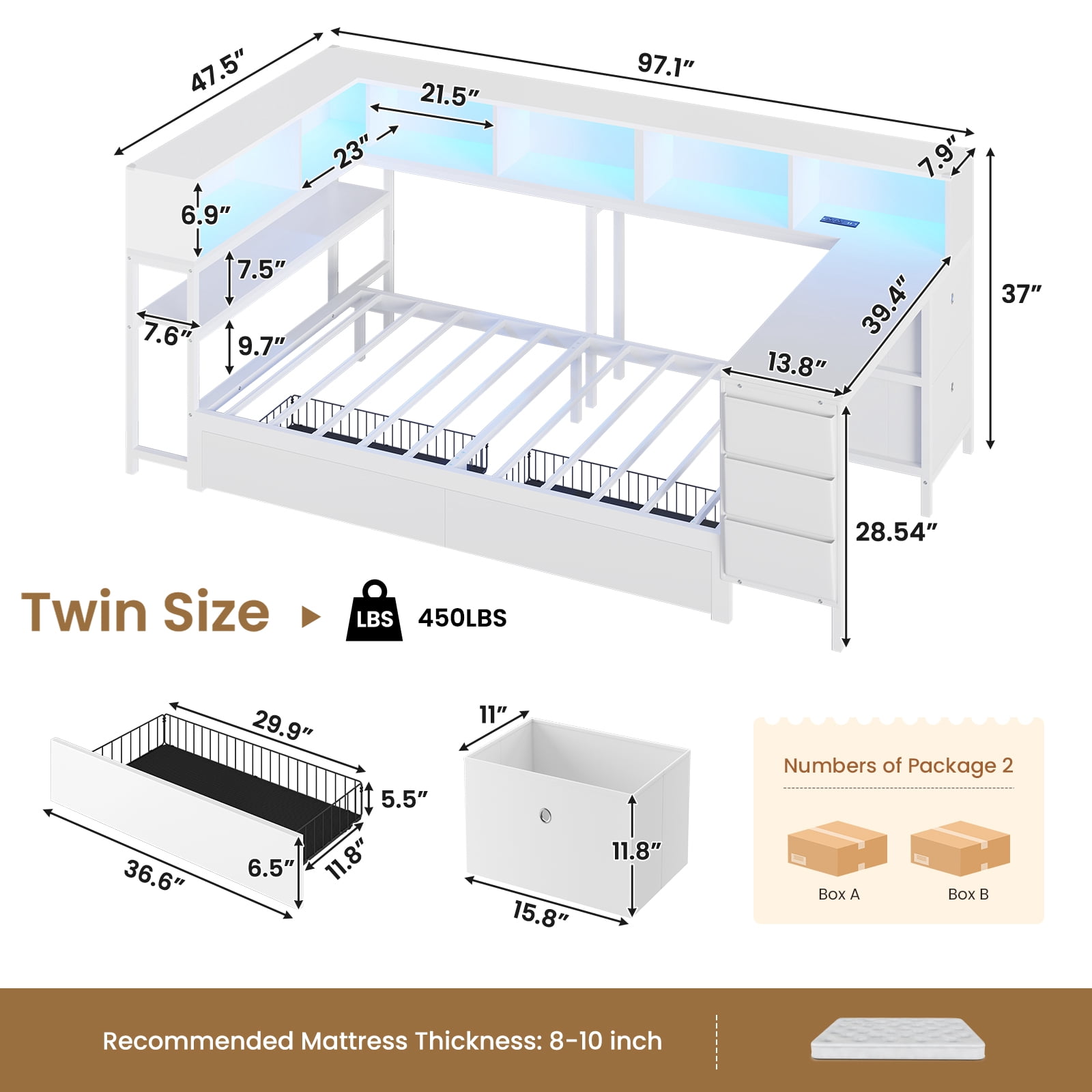 Twin Size Corner Bed Frame with Desk,Charging Station and Bookcase Storage,Twin Daybed with Storage Drawers and Led Lights, Metal Platform Bed Frame with Open Shelves,White