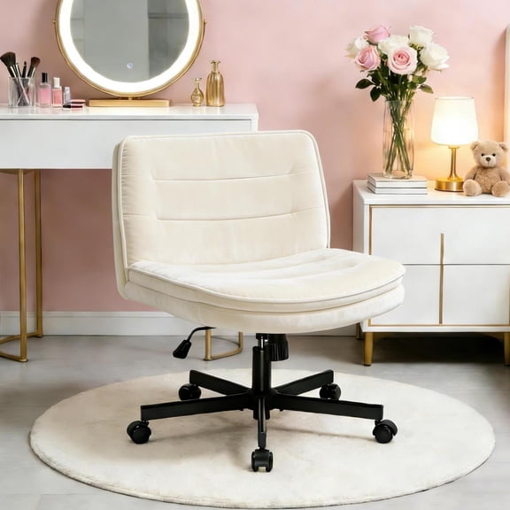 CloudRest Pro Armless Office Desk Chair, Criss Cross Swivel Chair with Wheels, Wide Seat Adult Vanity Chair for Home Office , Beige
