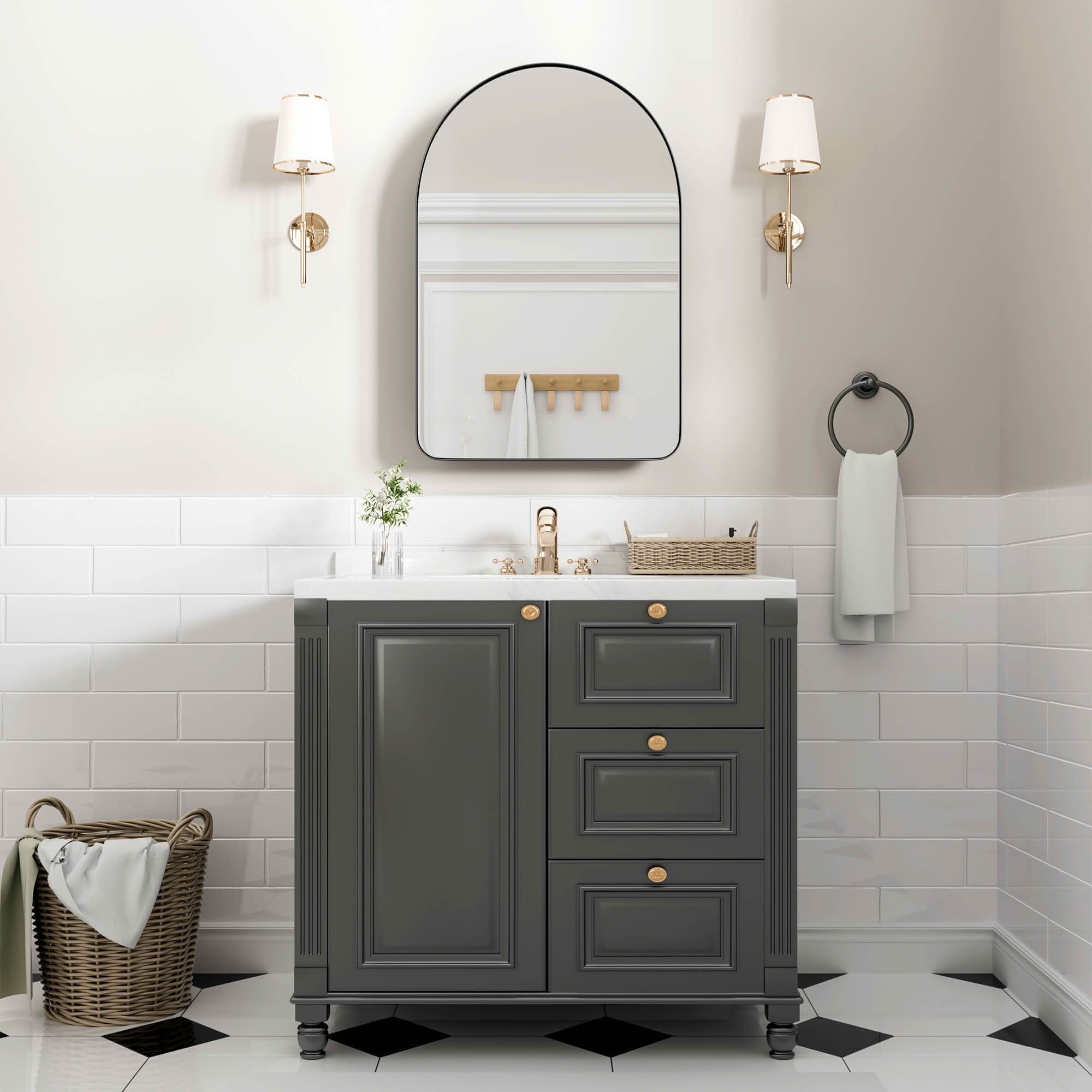 MAYEERTY 36x24x5 Inch Black Metal Round Corner Arched Medicine Cabinet for Bathroom