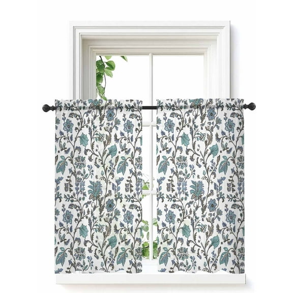 Boho Leaf Curtains 45 Inch Length,Sheer Curtains for Bedroom Living Room Window Teal Green Spring Farmhouse Pastoral Tribal Rod Pocket Drapes Kitchen Curtains Small Half Window 42"x45" 2 Panels