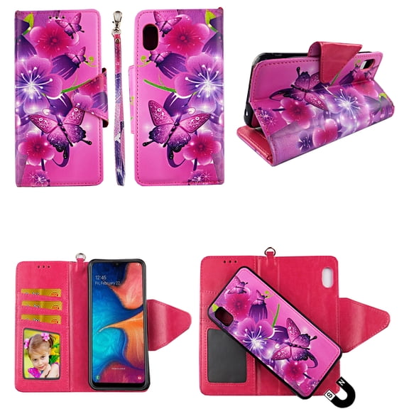 Pk Butterfly Flower Case for Samsung Galaxy A10e Magnetic Detachable Pu Leather Wallet Cover Flap Closure Snap-on Book Style Cases Card Holders Wrist Strap 2 in 1 Folio