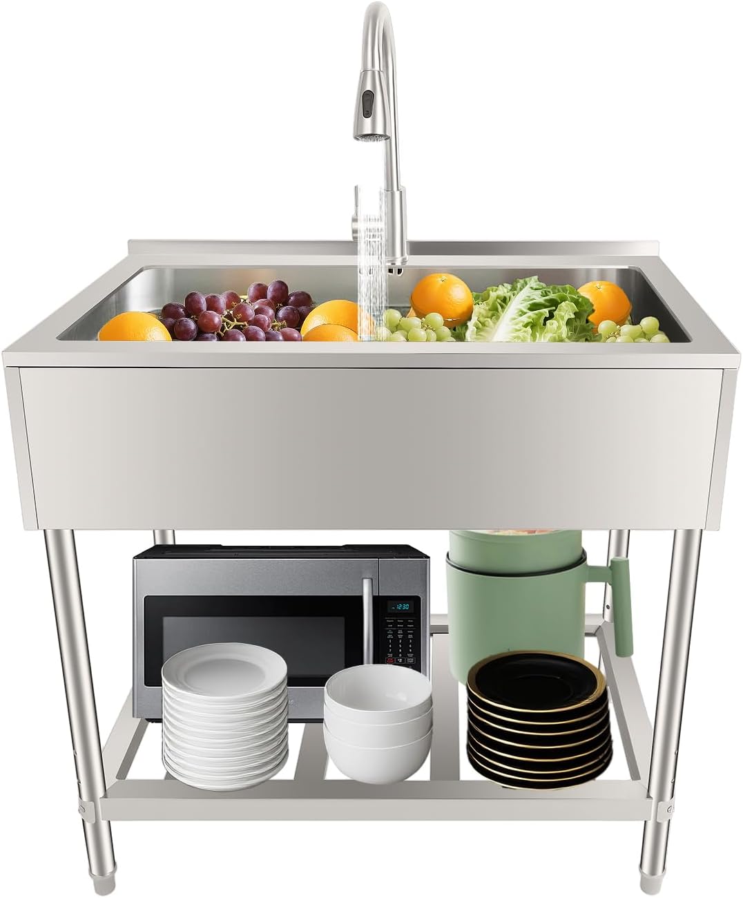 Miumaeov Utility Sink Freestanding Single Bowl Kitchen Sink Stainless Steel Sink with with Hot and Cold Dual Tap Freestanding