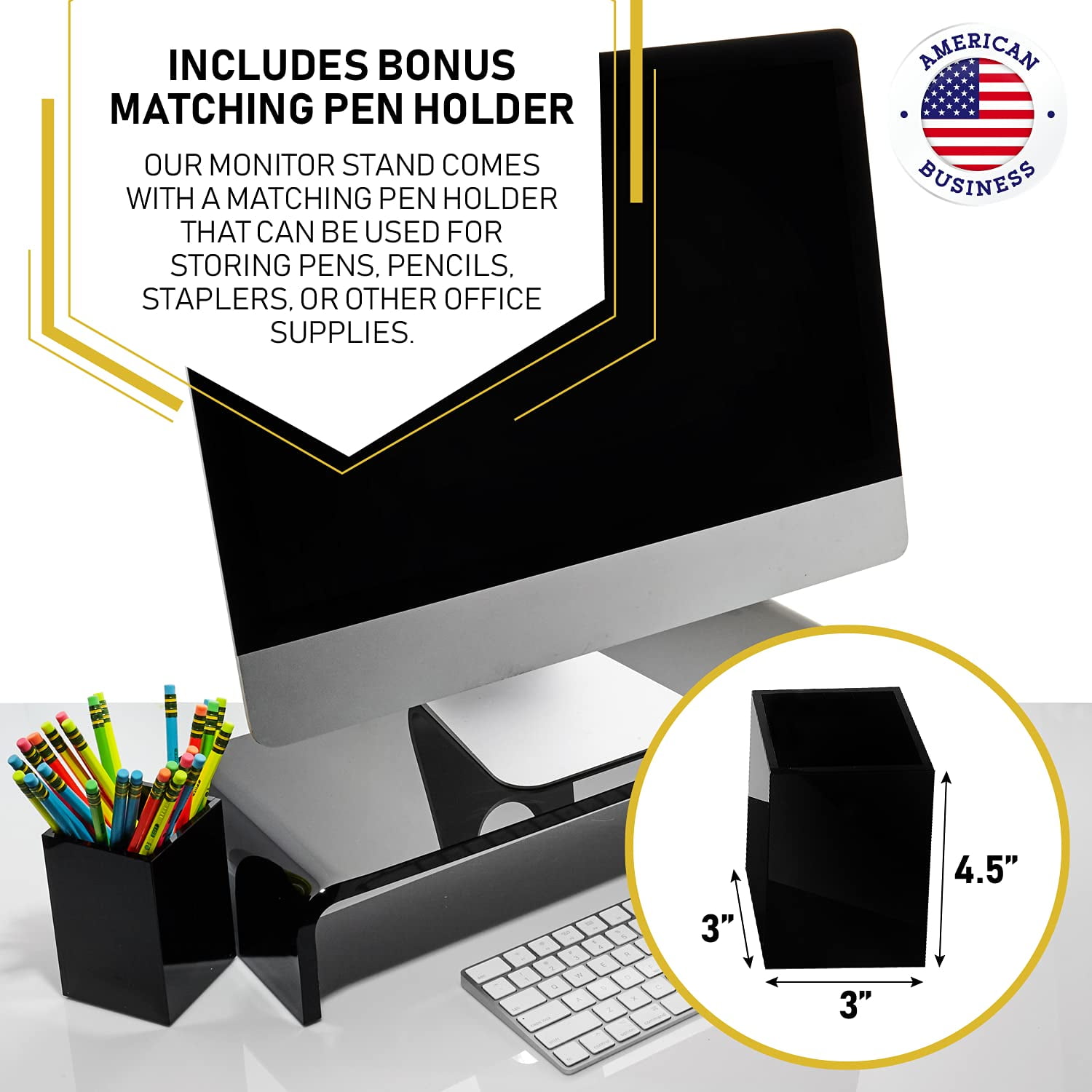 Acrylic Monitor Stand with Matching Pen Holder, 12mm Thick Clear Acrylic Monitor Riser, Laptop Stand for Home, Office, and Work. Computer Desk Riser with Keyboard Storage for LCD LED TV Screen (Black)
