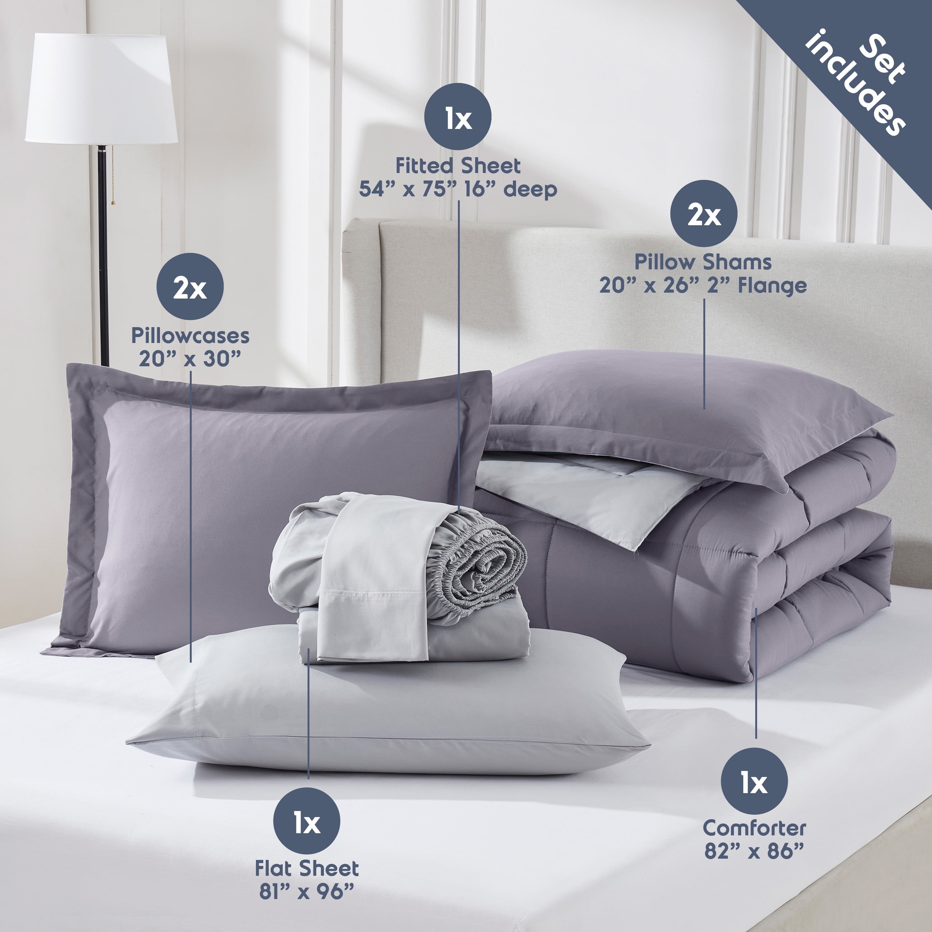 LammaLoe Twin Comforter Set, With Sheets, Reversible Bed In A Bag 5 Piece, Bedding Set, Grayish Purple