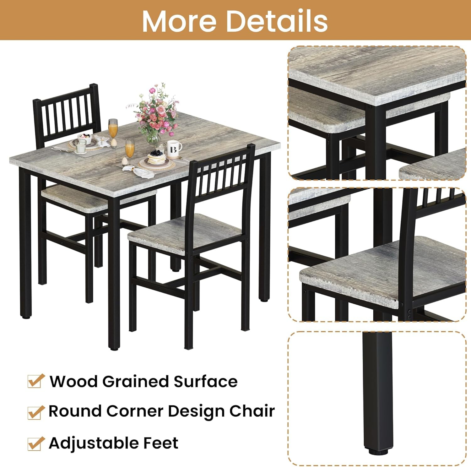 LinkRomat Small Dining Table Set for 2, Industrial Sturdy Dinette, Space-Saving Kitchen Table Set for Apartment, Living Room, Grey