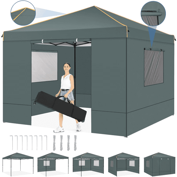 HOTEEL Pop up Canopy Tent 10x10 Instant Canopy with 4 Sidewalls & Carry Bag,Portable Tent for Parties Beach Camping Party Event Shelter Sun Shade,Dark Gray