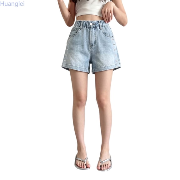 Huanglei Girls Denim Shorts Summer Side Embroidery Rhinestone Wide Leg Casual Shorts For Big Kids And Tweens ,Little Girls Jean Shorts /Size 3-4 Years(Blue)