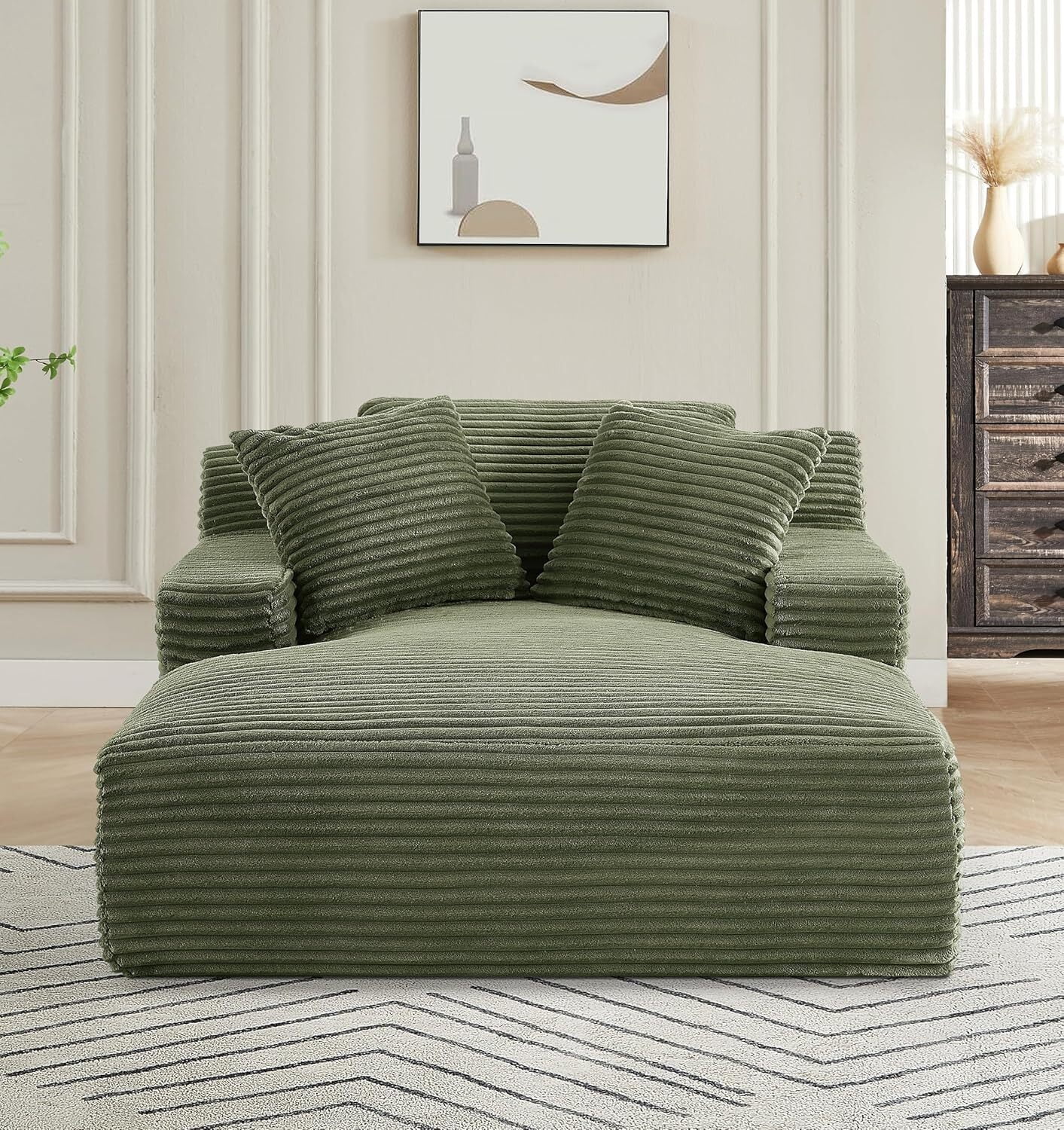 AENKYO Oversized Corduroy Chaise Lounge Chair – Extra Wide Cloud Couch Daybed with 3 Pillows, No Assembly, Deep Seat Sleeper Sofa for Living Room & Bedroom, Green