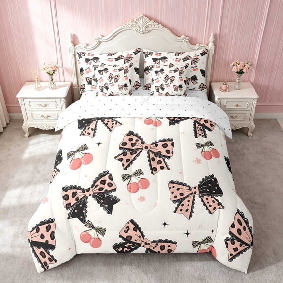 Erosebridal Leopard Bow Heart Print Twin Bedding for Girls, Cheetah Animal Spots Love Bedding Comforter Set, Reversible 7 Pieces