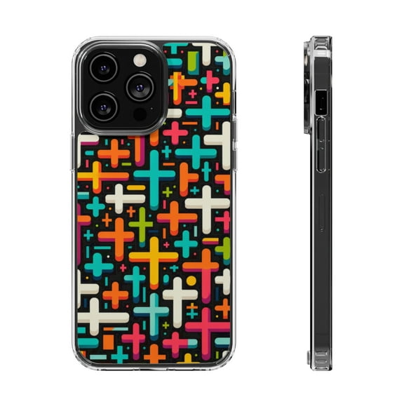DistinctInk Hybrid (Acrylic / TPU) Clear Slim Fit Case for Apple iPhone 13 Pro (6.1" Screen) - Vibrant Christian Crosses on Bold Black