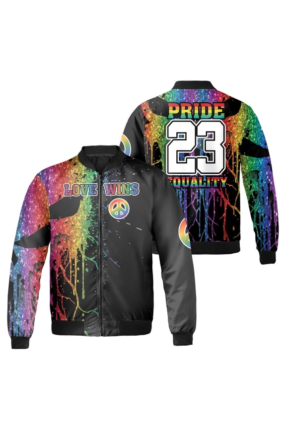 Love Wins Pride Equality Bomber Jacket, Rainbow Paint Splatter and Peace Symbol Graphic, LGBT Pride Month Black Zip Up Jacket