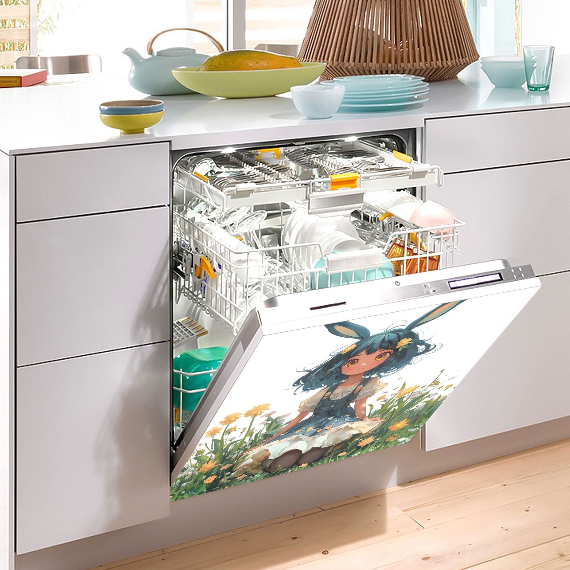 Dishwasher Magnetic Sticker 23x26 Inch Refrigerator Magnetic Sticker Washing Machine Magnetic Sticker Kitchen Panel Magnetic Sticker Home Decor Cartoon Blue Rabbit