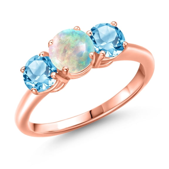 Gem Stone King 18K Rose Gold Plated Silver Simulated White Opal and Swiss Blue Topaz Engagement Ring for Women | 1.60 Cttw | Round Cabochon 6MM | Gemstone October Birthstone | Size 9