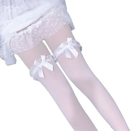 

Women Lolita Sweet Ruffled Lace Top Thigh High Stockings Bowknot Over Knee Socks
