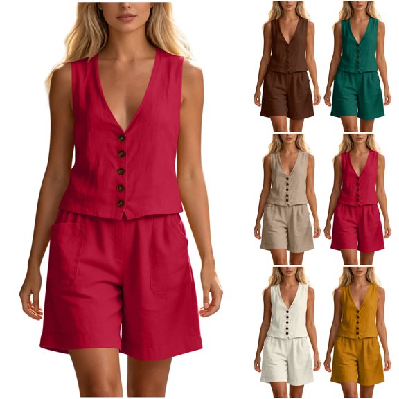 Bloomae Women's Button Down Two Piece Short Sets Casual V Neck Summer Sleeveless Tank Tops and Elastic Waist Comfy Lounge Short Pants with Pockets Trendy Business Work Matching Outfits Set