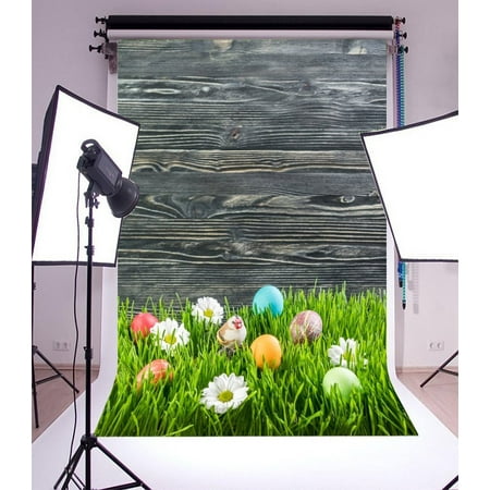 Image of MOHome 5x7ft Photography Backdrop Easter Eggs Chick Green Grass Chick Vintage Wood Wall White Flowers Photo Wooden Background Grunge Rustic Style Wood Texture Nature Children Baby Adults