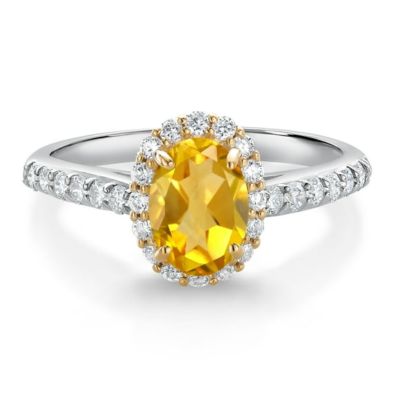Gem Stone King 10K White Gold Yellow Citrine White White Lab Grown Diamond Halo Engagement Ring for Women (1.06 Cttw, Oval 7X5MM, Gemstone November Birthstone, Size 8)
