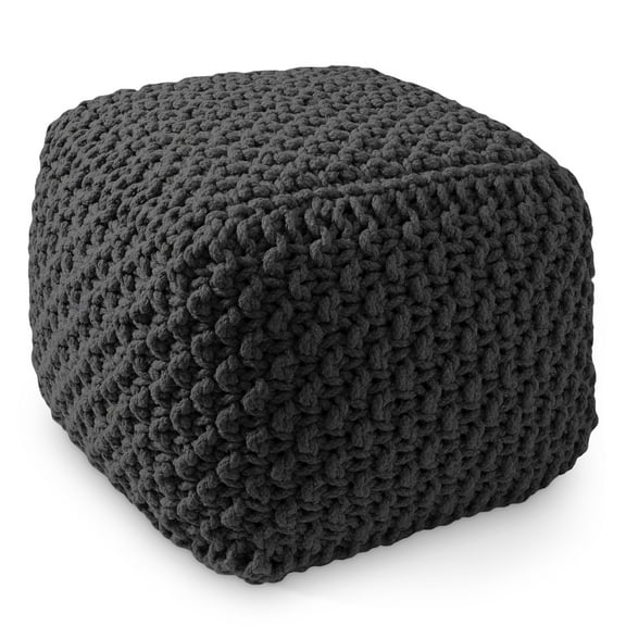 Casafield Square Pouf Ottoman, Black - 18.5" W x 18.5" D x 14.5" H Cotton Knit Foot Stool - Boho Floor Pouffe for Living Room