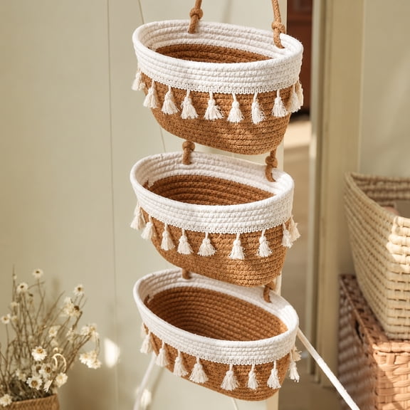 Aemutady 3-Tier Woven Hanging Basket, Over Door Wall Organizer