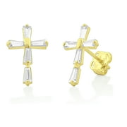Solid 14K Yellow Gold Girls Dainty Baguette Cz Christian Cross Cross Push Back Stud Earrings - Real Gold Gifts for Women Teens Mom - 0.47in