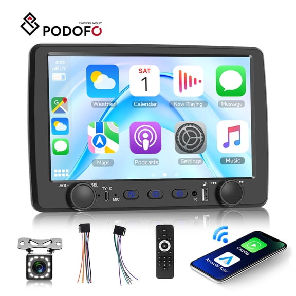 Podofo Single Din Car Stereo with Wireless Carplay & Android Auto, 9 Inch Touchscreen Car Audio Receiver, Mirror Link, Backup Camera