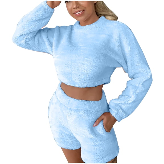 Lindreshi Pajama Sets for Women 2 Piece Shorts Women's Long Sleeve Solid Plush Tank Tops Set Elastic Waist Shorts