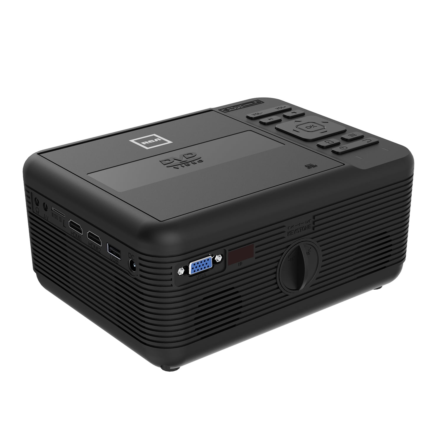 Open Box RCA Bluetooth 480p LCD Compact Projector with Built-in DVD Player, 100-In. Foldup Screen, and Remote (Black), RPJ241-COMBO-BLACK-V