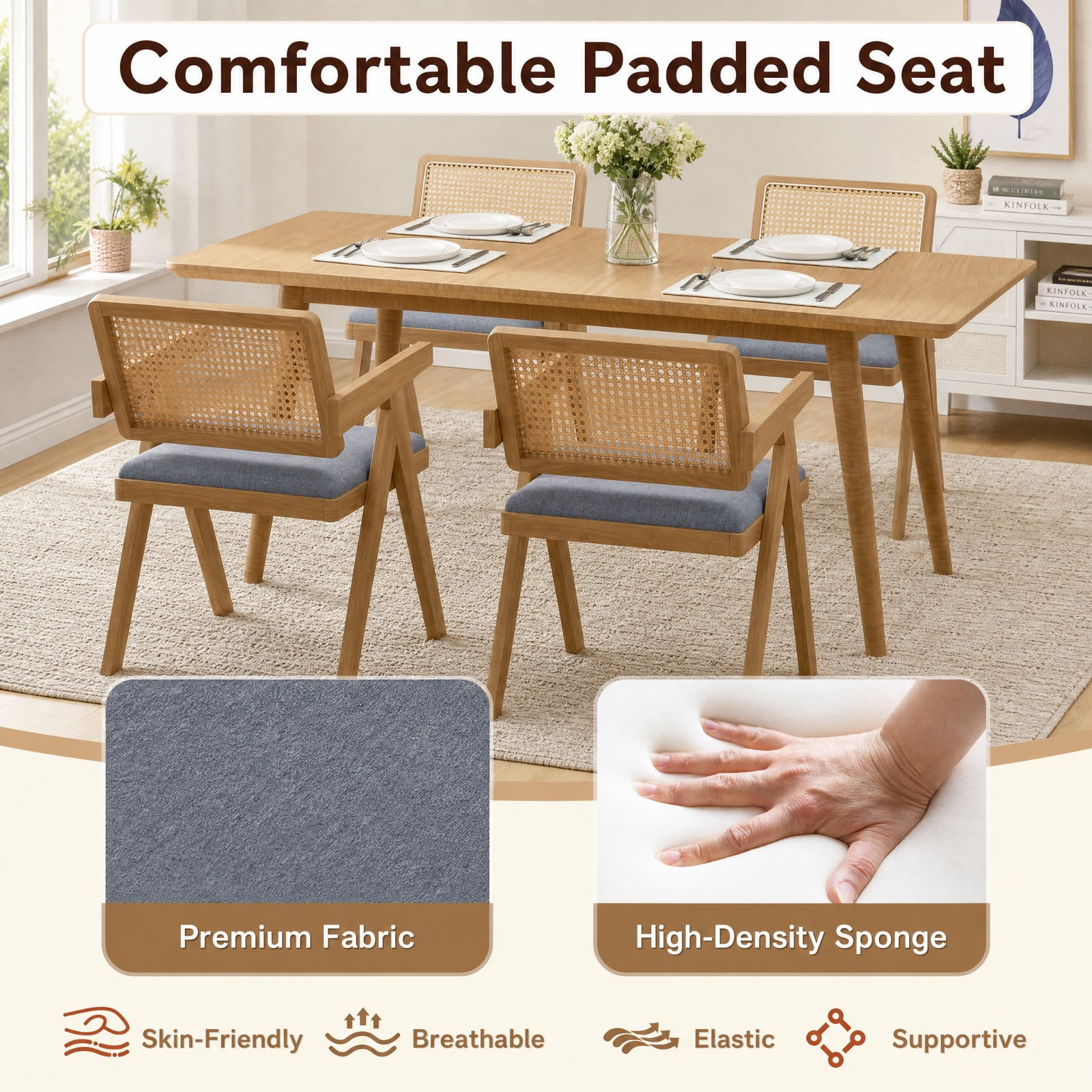 Furnibear Set of 2 Rattan Accent Chairs with Padded Cushion and Rubber Wood Frame for Dining Room Kitchen and Living Room, Gray