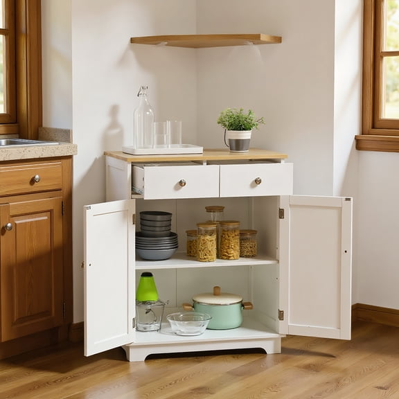 Yardi Yarda Kitchen Storage Cabinet with Adjustable Shelf and 2 Drawers, Sideboard Floor Cupboard with Solid Wood Top for Indoor, White