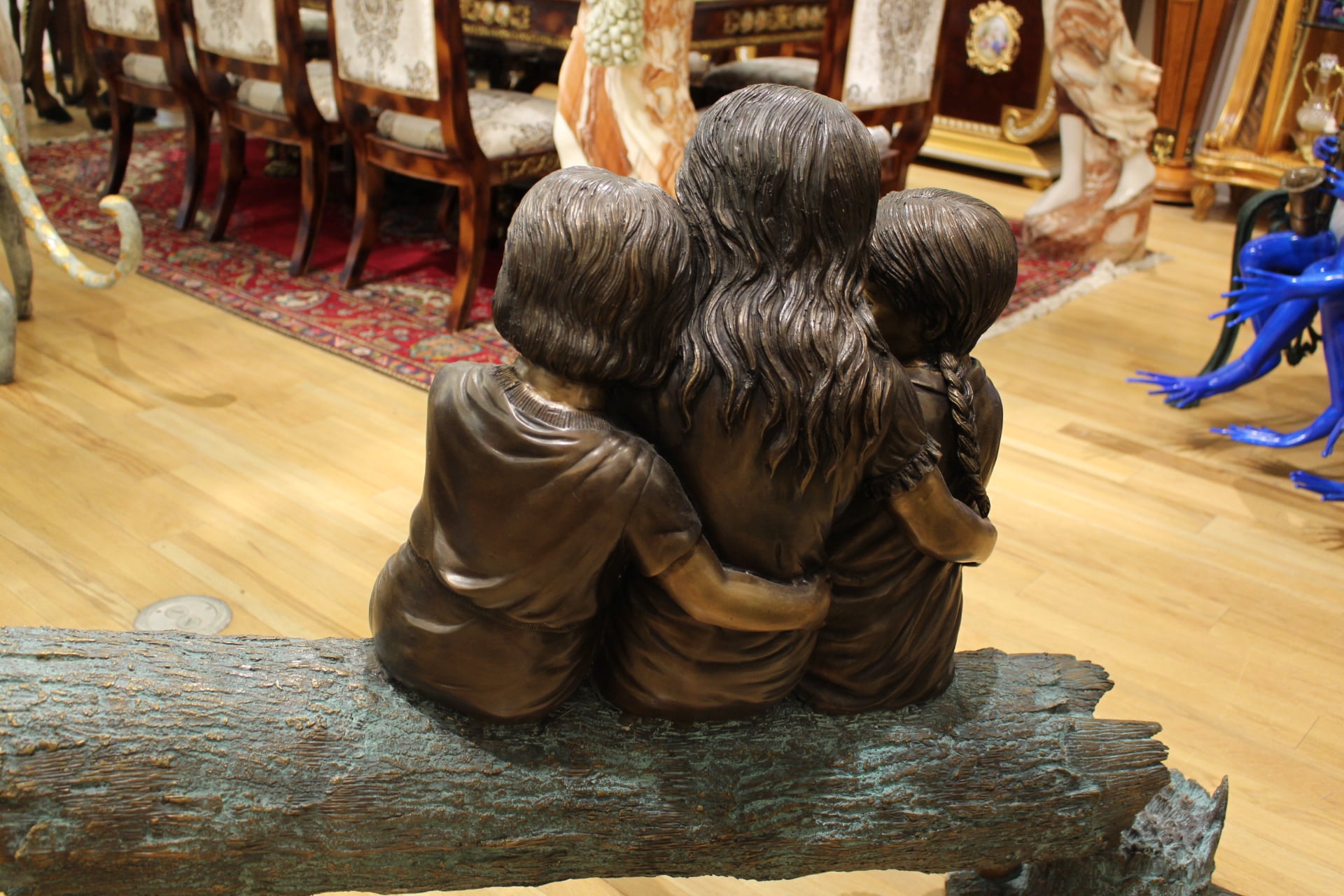 Nifao Three Children On Log Holding Bird Bronze Statue – Outdoor Garden Decor Sculpture, 55"L x 18"W x 38"H