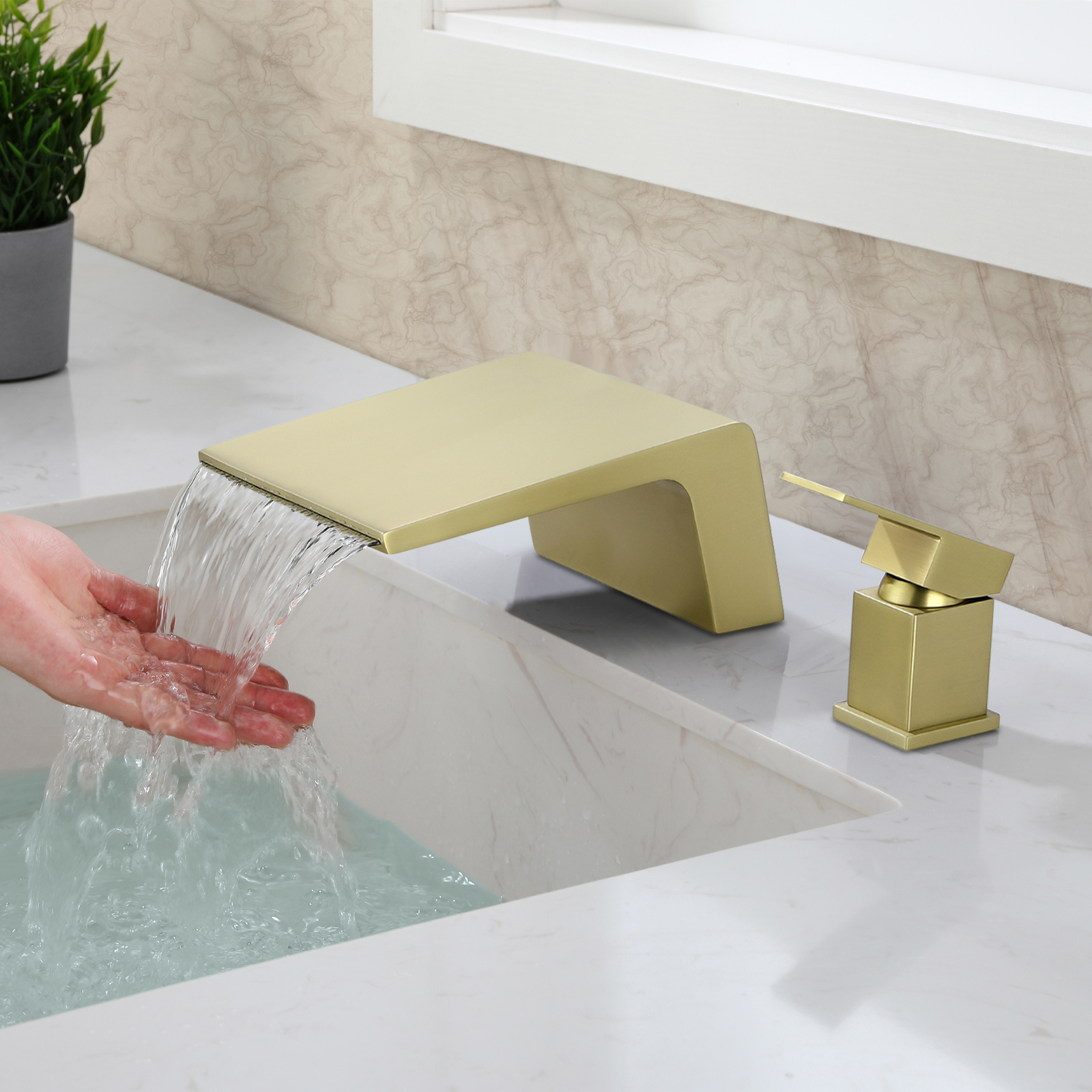 Cobbe Wide Waterfall Spout Modern Bathroom Sink Faucet Single Handle 2-Hole Mount Brushed Gold