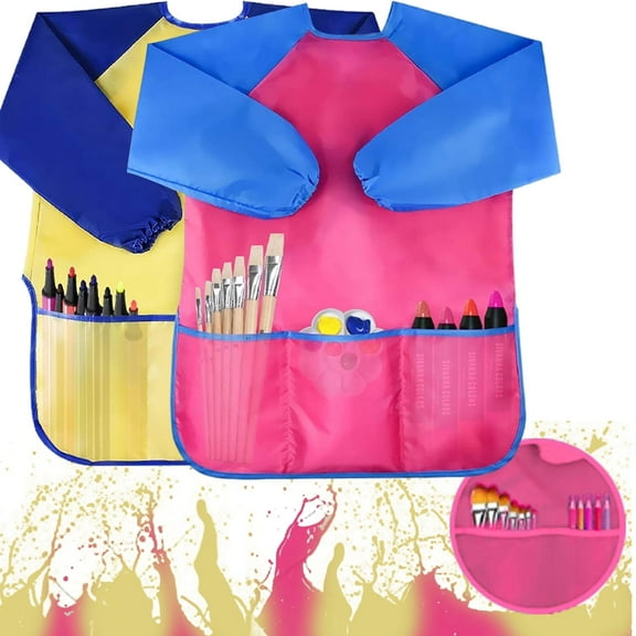2 Pack Kids Art Smocks,Colorful Artist Painting Aprons with 3 Pockets for Boys Girls Age 2-6 Years (Yellow and Pink)