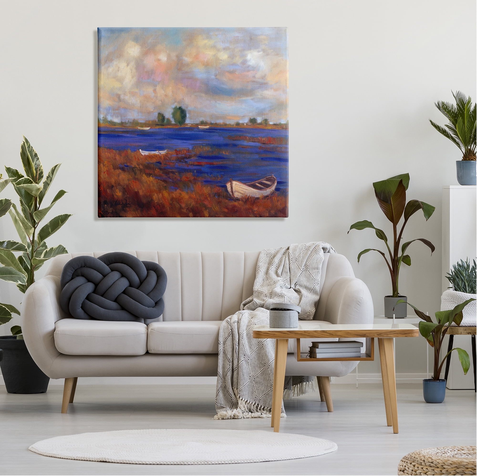 Stupell Industries Boats on Lake Shore Landscape Painting Gallery Wrapped Canvas Art Print Wall Art, 36 x 36