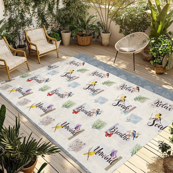 Fsddascl Beige Birds Outdoor Rug for Patio/Deck/Porch, Non-Slip Large Area Rug 6 x 9 Ft, Farmhouse Summer Botanical Watercolor Vintage Indoor Outdoor Rugs Washable Area Rugs, Camping Rug Carpet
